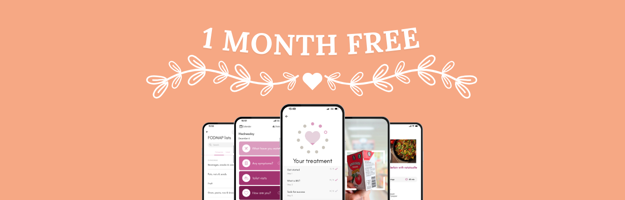 A promotional banner with "1 MONTH FREE" text and decorative leafy branches above images of three smartphones displaying features of an IBS app, indicating a free one-month trial offer.